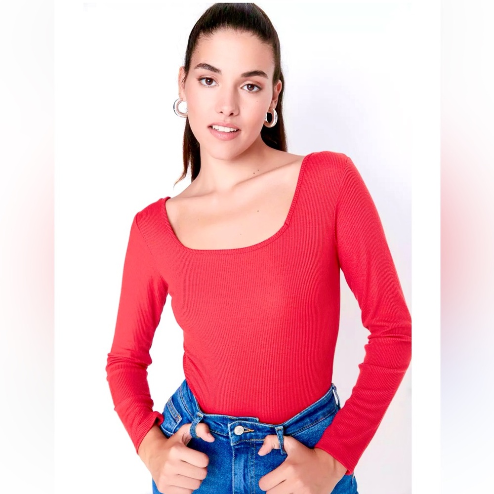 Forever 21 Coral Red Long Sleeve Bodysuit